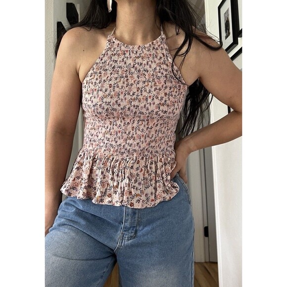 Patrons Of Peace Med Pink Floral Halter Tank Top Ruffle‎ Smocked Stretch Boho - Picture 2 of 9